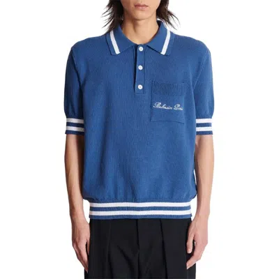 Balmain Siganture Embroidered Polo Shirt In Blue