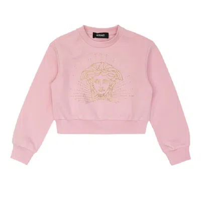 Young Versace Kids Crystal Medusa Cotton Sweatshirt In Pink