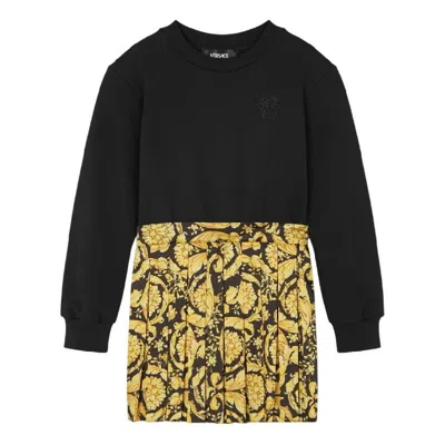 Young Versace Barocco Logo Print Pleated Dress In Black