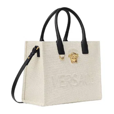 Versace Structured Shoulder Bag Cotton Blend Calfskin In Neutral