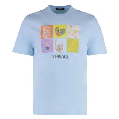 Versace Crew Neck Graphic Print Short Sleeves In Blue