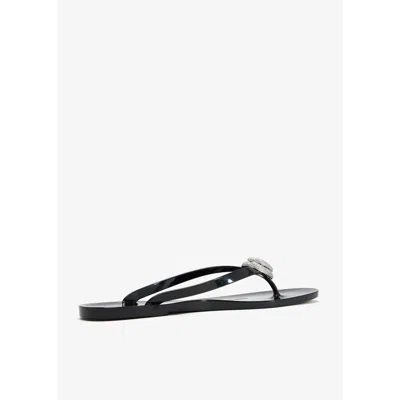 Mach&mach Mach & Mach Crystal Embellished Double Heart Thong Flip Flops In Black