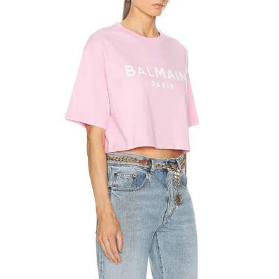 Balmain Paris Logo Print Cropped T-shirt In Pink