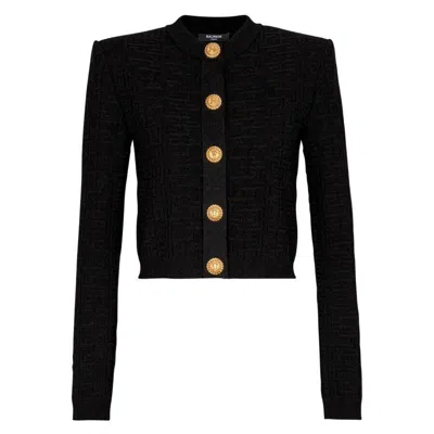 Balmain Pb Labyrinth Knit Cropped Cardigan In Black