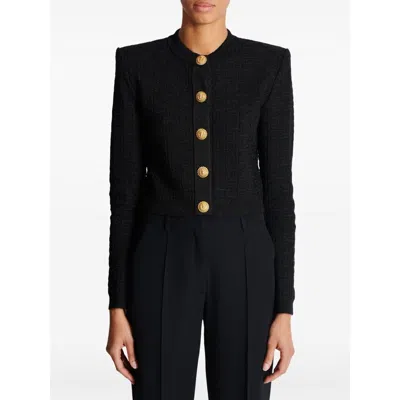 Balmain Pb Labyrinth Knit Cropped Cardigan In Black