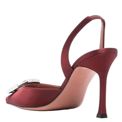 Amina Muaddi Camelia Crystal Buckle Slingback Pump In Satin Wine White Buckle
