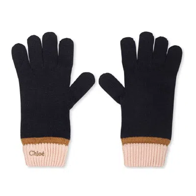 Chloé Chloe Kids Logo Embossed Knit Gloves In Black