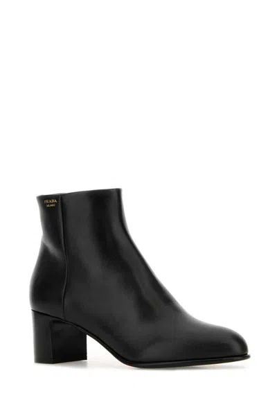 Prada Leather Ankle Boots Block Heel Design In Black