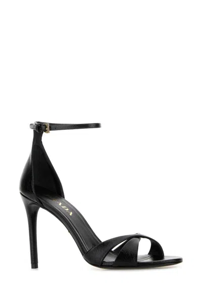 Prada Leather Sandals Open Toe Ankle Strap In Black