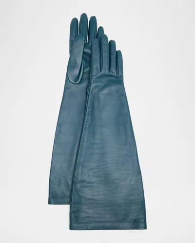 Saint Laurent Long Leather Gloves In Blue