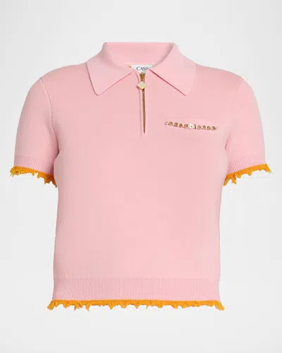 Casablanca Crochet-trimmed Double-faced Polo Top In Pink