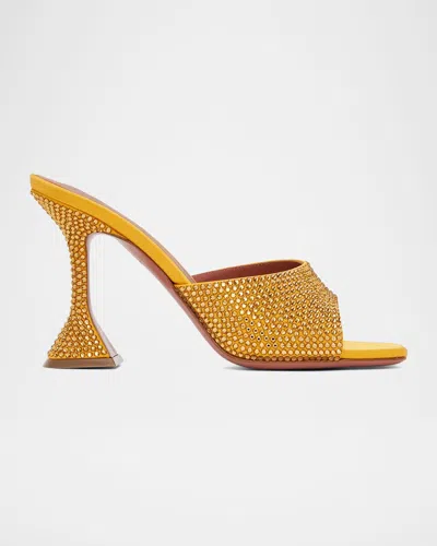 Amina Muaddi 95mm Lupita Crystal Satin Pedestal Mule Sandals In Yellow