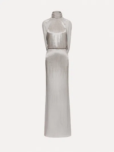 Oscar De La Renta Bugle Bead Lam Draped Gown In Gray