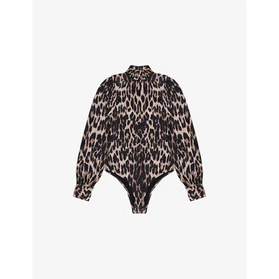 Ro&zo Womens Brown Leopard-print Puff-sleeve Woven Bodysuit In Brown