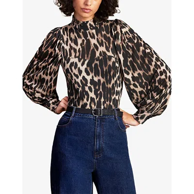 Ro&zo Womens Brown Leopard-print Puff-sleeve Woven Bodysuit In Brown