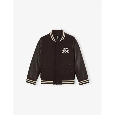 Reiss Brown Off White Miller Monogram-embroidered Wool-blend Bomber Jacket 9-13 In Brown