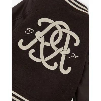 Reiss Brown Off White Miller Monogram-embroidered Wool-blend Bomber Jacket 9-13 In Brown