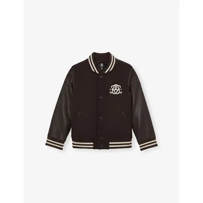 Reiss Brown Off White Miller Monogram-embroidered Wool-blend Bomber Jacket In Brown
