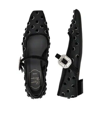 Roger Vivier Belle Vivier 25 Embellished Flocked Mesh Mary Jane Ballet Flats In Black