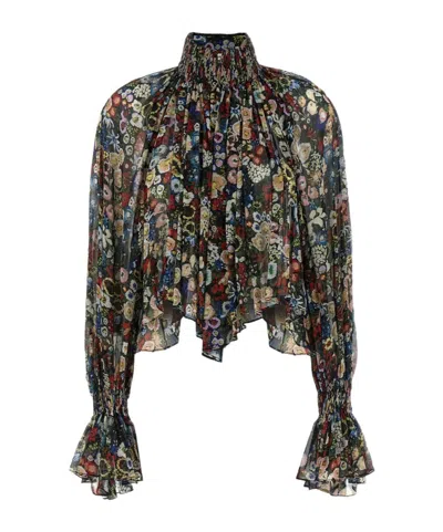 Khaite Durer Floral Silk Balloon-sleeve Peasant Top In Multi