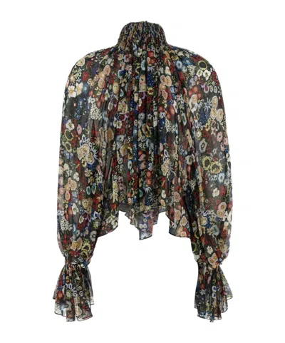 Khaite Durer Floral Silk Balloon-sleeve Peasant Top In Multi