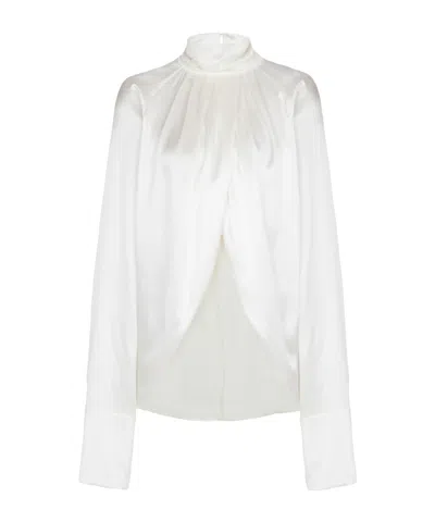 Balmain High Neck Long Sleeve Silk Blend Top In White