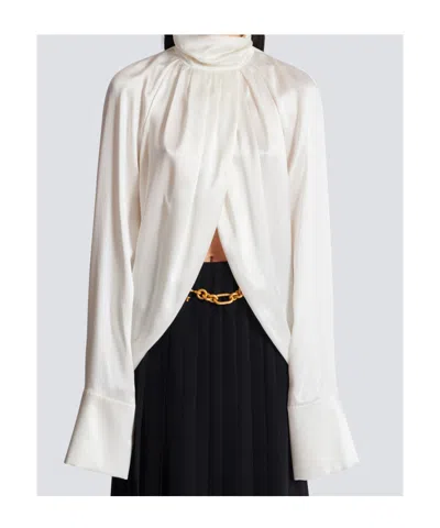 Balmain High Neck Long Sleeve Silk Blend Top In White