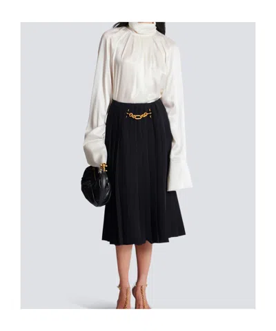 Balmain High Neck Long Sleeve Silk Blend Top In White