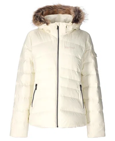 Marmot Ithaca 700 Fill Power Down Hooded Jacket With Faux Fur Trim In White