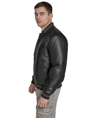 Champion Men's Faux Leather Varsity Jacket In Black