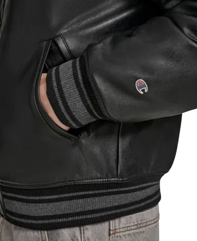 Champion Men's Faux Leather Varsity Jacket In Black