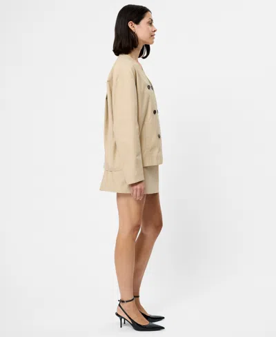 French Connection Collarless Double Breasted Cotton Twill Jacket In Brown