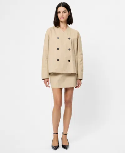 French Connection Collarless Double Breasted Cotton Twill Jacket In Brown