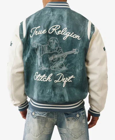 True Religion Men's Denim Print Retro Varsity Jacket In Blue
