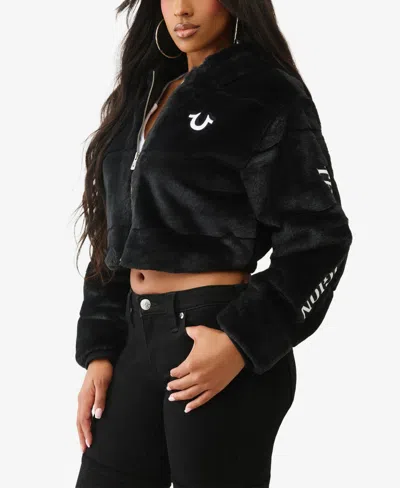 True Religion Front Zip Faux Fur Hooded Jacket In Black