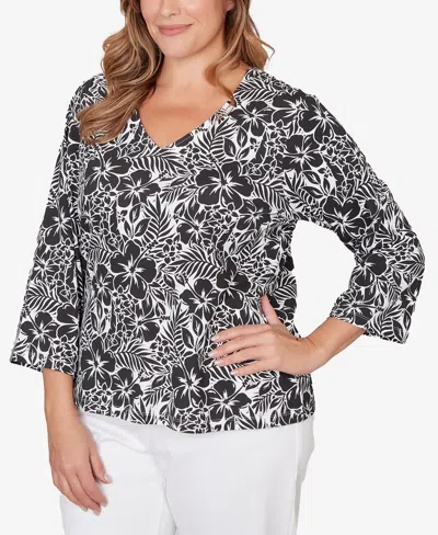 Hearts Of Palm Plus Size Printed Stretch Jersey V-neck Top In Black