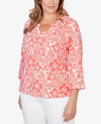 Hearts Of Palm Plus Size Printed Stretch Jersey Horseshoe Neck Top In Pink