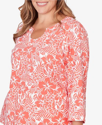 Hearts Of Palm Plus Size Printed Stretch Jersey Horseshoe Neck Top In Pink