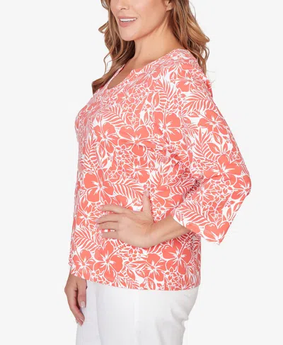 Hearts Of Palm Plus Size Printed Stretch Jersey Horseshoe Neck Top In Pink