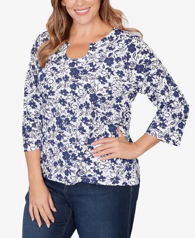 Hearts Of Palm Plus Size Printed Stretch Jersey Horseshoe Neck Top In White