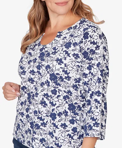 Hearts Of Palm Plus Size Printed Stretch Jersey Horseshoe Neck Top In White
