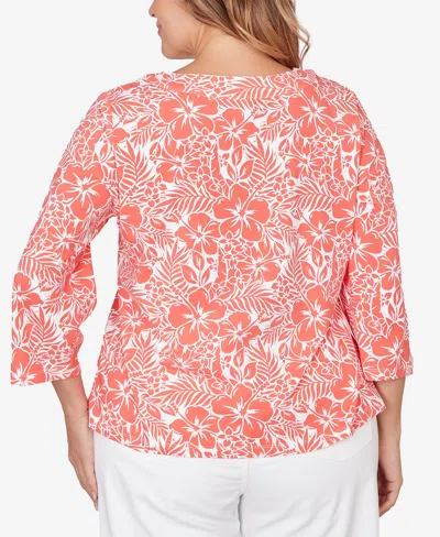 Hearts Of Palm Plus Size Printed Stretch Jersey Horseshoe Neck Top In Pink