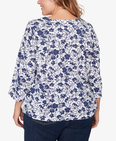 Hearts Of Palm Plus Size Printed Stretch Jersey Horseshoe Neck Top In White