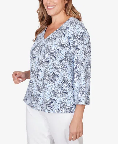 Hearts Of Palm Plus Size Printed Stretch Jersey V-neck Top In Blue