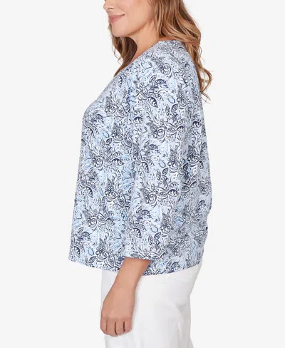 Hearts Of Palm Plus Size Printed Stretch Jersey V-neck Top In Blue