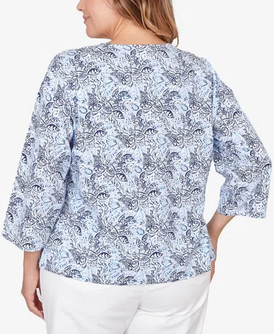 Hearts Of Palm Plus Size Printed Stretch Jersey V-neck Top In Blue