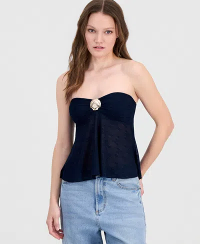 Just Polly Juniors' Textured Strapless Top With Hardware In Blue