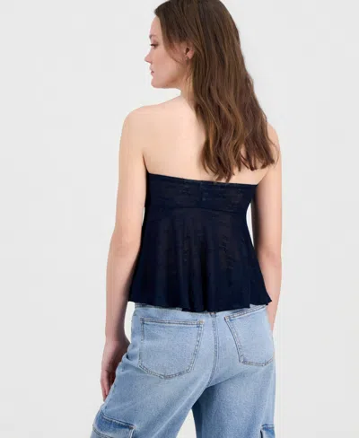 Just Polly Juniors' Textured Strapless Top With Hardware In Blue