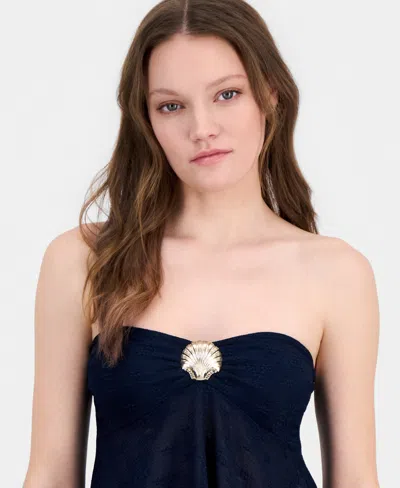 Just Polly Juniors' Textured Strapless Top With Hardware In Blue