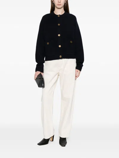 Totême Womens Navy Hammered Round-neck Stretch-wool Blend Cardigan Xs In Black